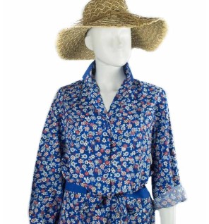 Blouse ou tablier vintage fleurs bleues et rouges