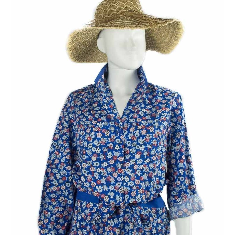 Blouse ou tablier vintage fleurs bleues & rouges