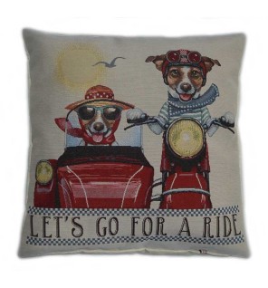 Housse de coussin vintage chien let's go for a ride