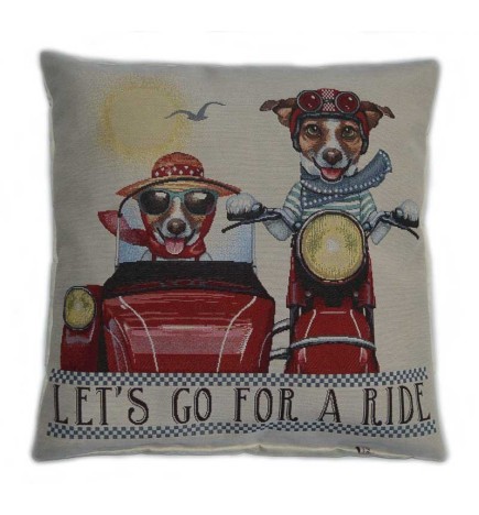 Housse de coussin vintage chien let's go for a ride
